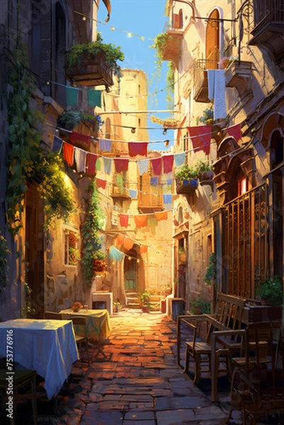 Fototapeta Illustration of the typical ancient street alley and building in Italy where residents live their daily lives.