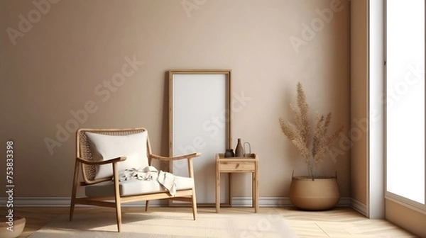 Fototapeta Modern living room interior composition with grey modern sofa,  wooden , folding screen and modern Home  ai generated