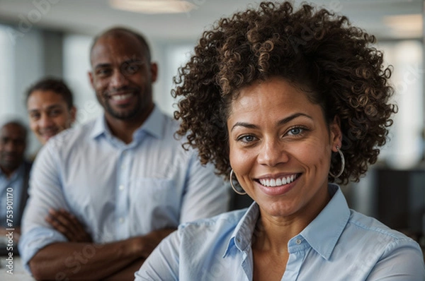 Fototapeta Self-confident woman with afro hair smiling at camera with co-workers in the background.