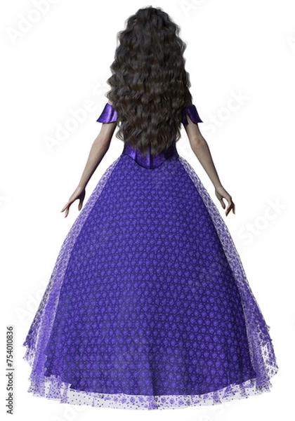 Fototapeta 3D rendered beautiful brunette female wearing an elegant prple gown on Transparent Background - 3D Illustration