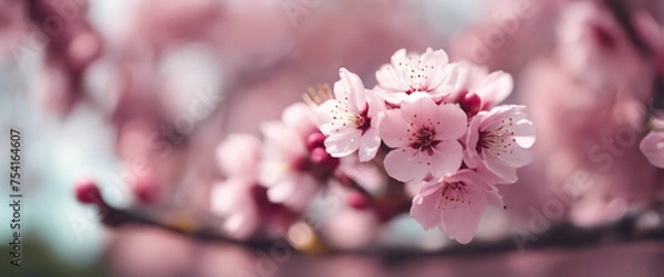 Fototapeta Cherry blossom in full bloom. Cherry fresh flowers in small clusters on a cherry tree branch, fading in to white. Shallow depth of field. Focus on center flower cluster, Spring pink flowers.