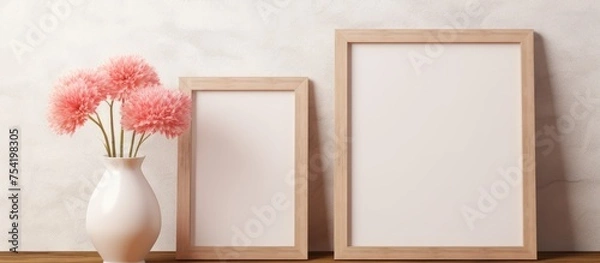 Fototapeta A white vase filled with pink flowers placed beside two empty frames on a wooden floor. The frames appear dark against the wood backdrop, creating a simple yet elegant setting.