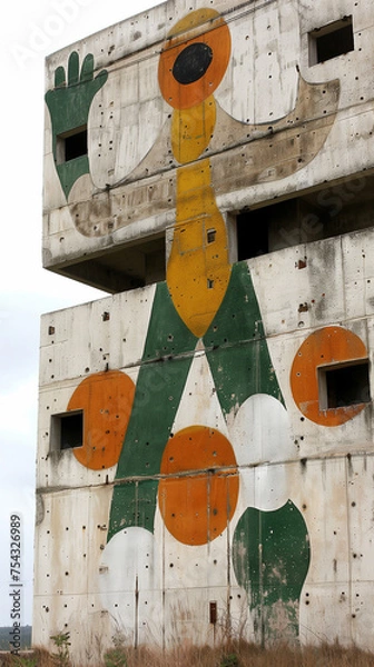 Fototapeta Colorful Geometric Mural on Brutalist Structure