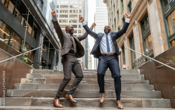 Fototapeta Two men in suits are jumping up and down on a set of stairs. Scene is celebratory and joyful