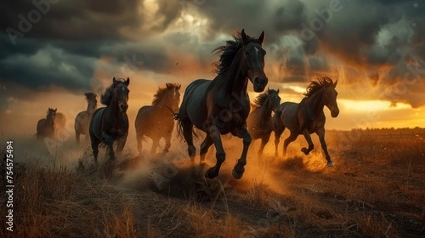 Fototapeta In a scene of raw power and untamed beauty, a herd of horses races through a dusty landscape beneath a brooding, stormy sky.