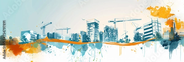 Fototapeta Construction industry banner with modern buildings and copyspace, professional and modern graphic, technical drawing