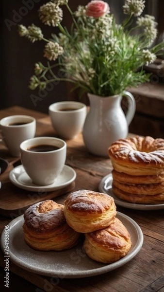 Fototapeta Cozy Breakfast with Coffee and Croissants