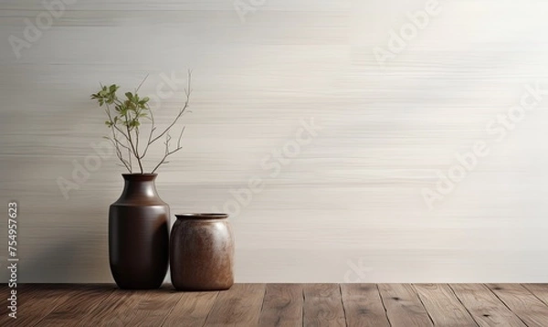 Obraz A blank wall contains wooden planks and a vase