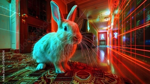 Fototapeta Neon rabbit in an urban corridor, perfect for modern pet and city life themes.