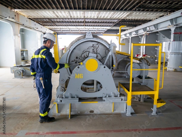 Fototapeta Seaman crew member of cargo vessel  equipped with personal protective equipment is doing maintenance painting of mooring winch on aft station