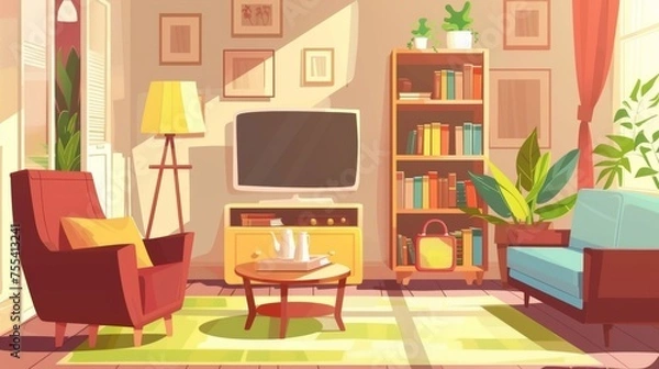 Fototapeta An interior of a spring living room with furniture, bookshelf, carpet, floor lamp, and house plants. Modern cartoon illustration.