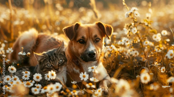 Fototapeta dog and cat lying in flower field	
