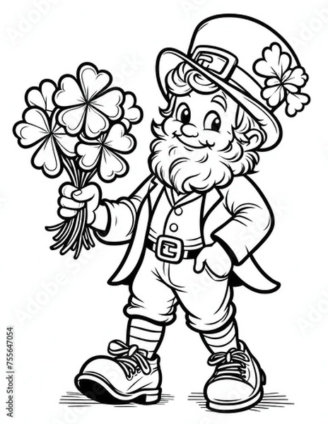 Fototapeta Leprechaun with Clover Bouquet Coloring Page