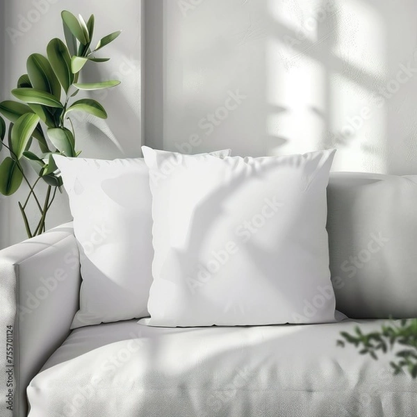 Obraz Blank white soft pillow mock-up on couch natural light for product presentation.