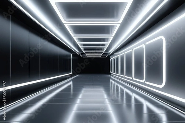 Obraz Abstract space technology tunnel, silver lined floor, futuristic corridor with neon lighting spans across a 3D room, white empty stage surrounded by black walls, leading into a modern, silver-toned