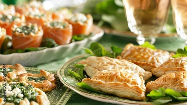 Fototapeta A spread of Irishinspired appetizers such as shamrockshaped spinach and feta hand pies and smoked salmon canapés welcoming guests to a traditional St. Patricks Day gathering.