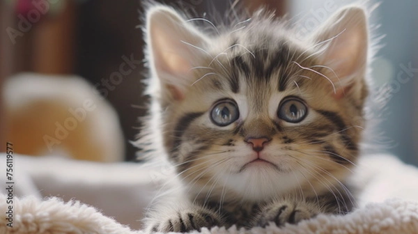 Fototapeta A close-up of the face of a small gray tabby Bengal kitten with sad and surprised expressions. Pet advertising. Generative AI