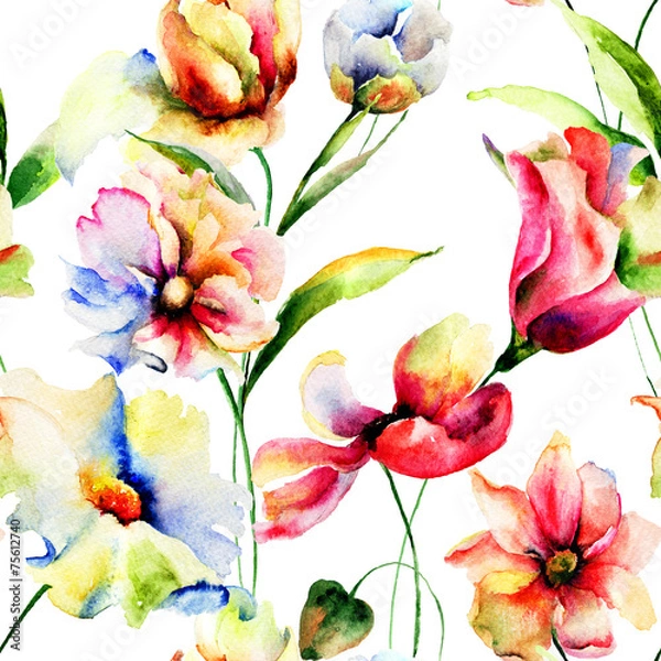 Fototapeta Seamless wallpaper with spring flowers