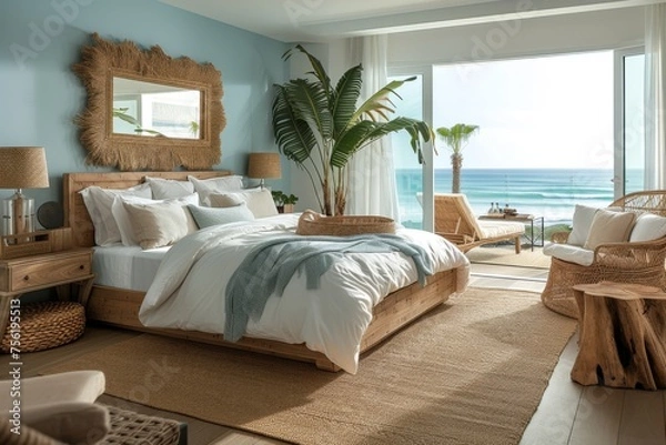 Fototapeta A coastal-inspired bedroom retreat, complete with panoramic ocean views