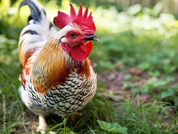 Fototapeta A rooster with a red beak stands in a grassy field