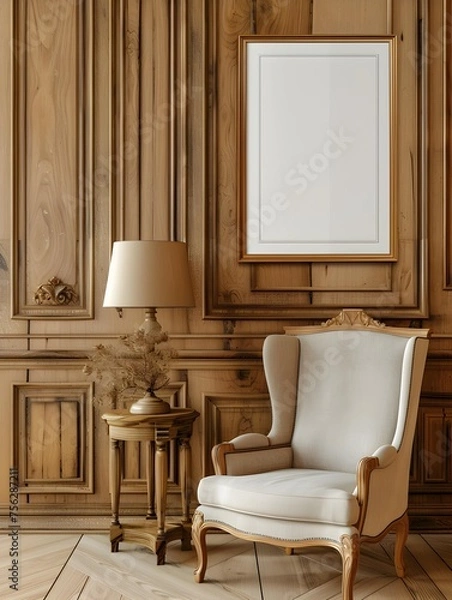 Fototapeta Classic armchair near paneling wall with empty poster frame with copy space. Home interior design of mid century living room. 