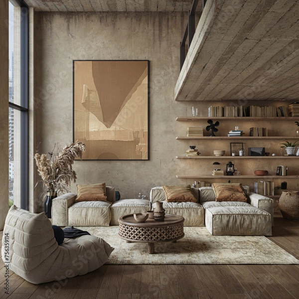 Fototapeta Grunge interior with concrete walls and hardwood flooring. Loft style, 3d rendering 