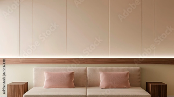 Fototapeta Minimalist hotel room with modern beige bed.