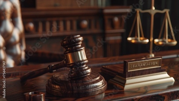 Fototapeta Elegant wooden gavel on desk with scales of justice