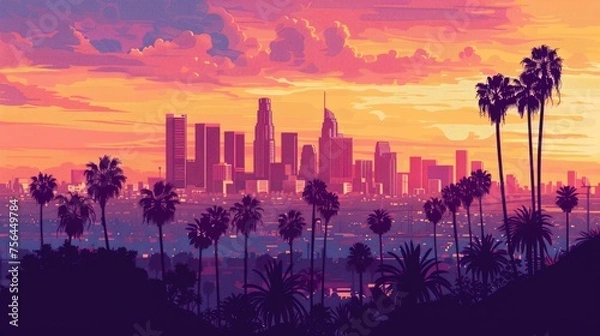 Fototapeta Skyline. Stunning View of Cityscape and Palm Trees in  with Golden Sunset in Golden State