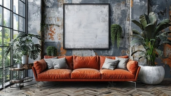 Fototapeta Living Room With Couch, Potted Plants, and Picture Frame