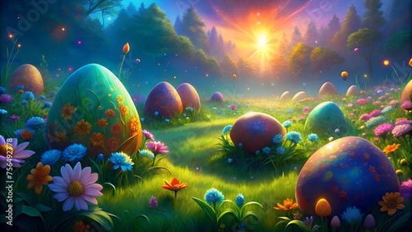 Fototapeta An artwork featuring colorful Easter eggs nestled in a natural setting, such as a grassy field or a blooming garden, symbolizing new life and renewal.