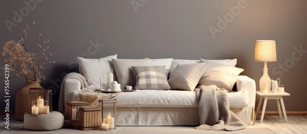 Fototapeta A living room with a white couch and a lamp, creating a comfortable atmosphere. The rectangle of the studio couch contrasts nicely with the flooring