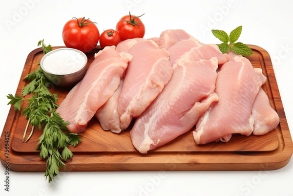 Fototapeta Fresh sliced raw chicken breast fillets with wooden cutting board background