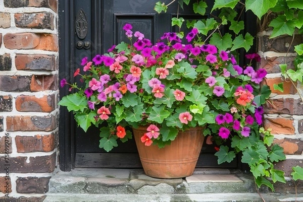 Fototapeta Planter with geranium calibrachoa sweet potato vine by house entrance