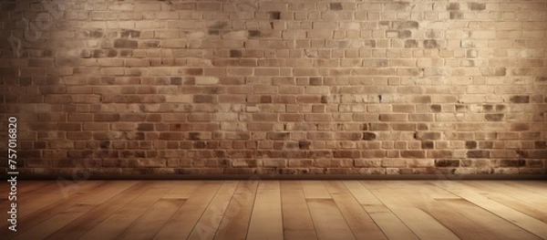 Fototapeta An empty room featuring a brown brick wall and hardwood flooring in a classic rectangle pattern. The wooden floor is coated with a warm wood stain