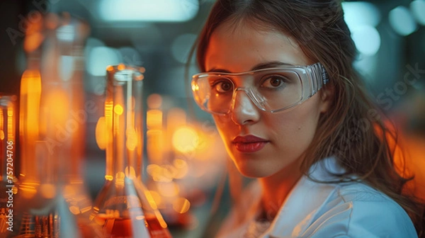 Fototapeta a young female medical, lab technician, close up portrait of woman  working in a lab.