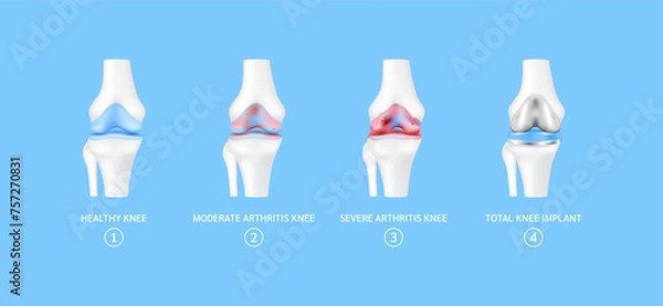 Fototapeta Stage of total knee replacement or implant. Healthy leg bone cartilage, moderate severe arthritis knee. Treatment relieve after joint damaged. Medical health care science technology concept. Vector.