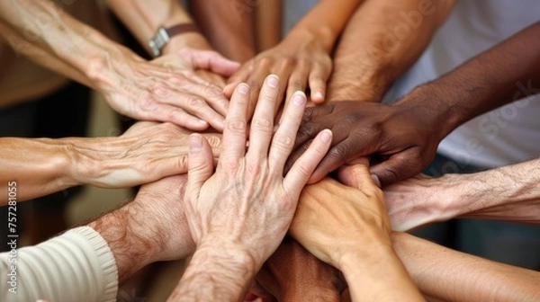 Fototapeta Diverse people joining their hands harmonious.