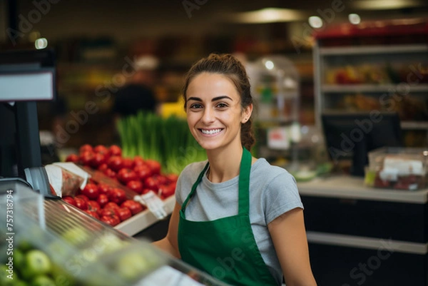 Fototapeta Smiling person working in supermarket grocery store department Generative Ai picture