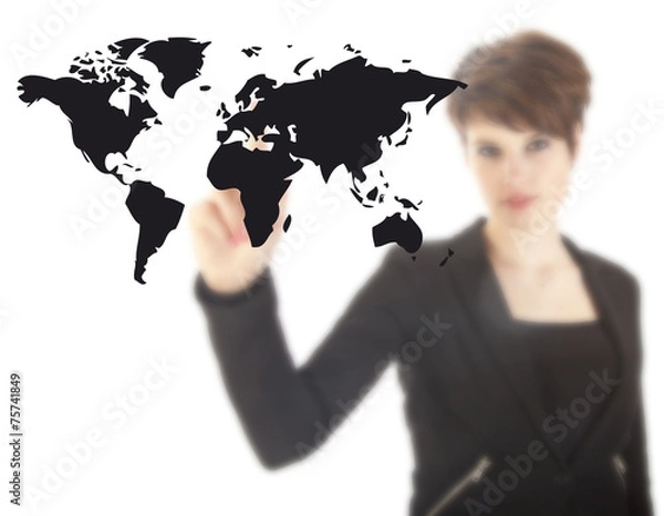 Obraz Young woman with black world map isolated on white background