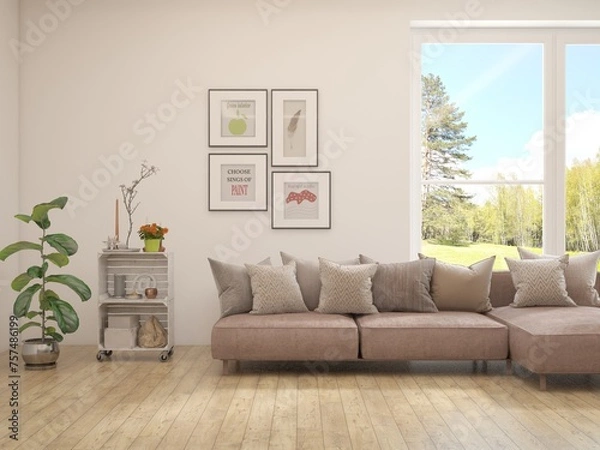 Fototapeta Contemporary classic white interior with furniture and decor and summer landscape in window. Scandinavian interior design. 3D illustration