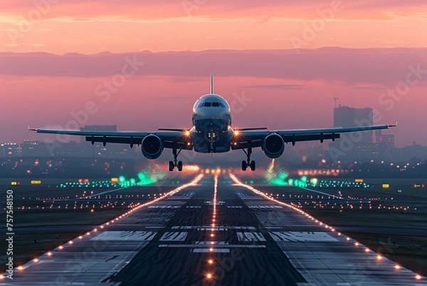 Fototapeta Capturing the anticipation of travel, this image shows a jetliner preparing for takeoff at dawn, with the early sky's orange and pink hues reflecting on its fuselage.