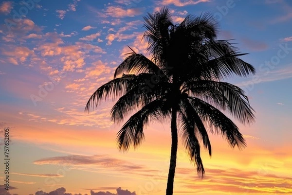 Fototapeta A silhouette of a palm tree with coconuts against a sunset sky