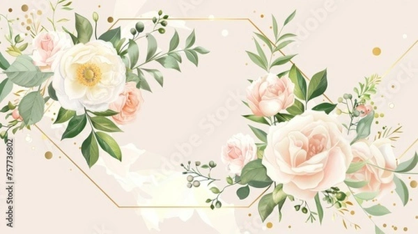 Fototapeta A floral wedding invitation with an elegant design: pink garden flowers, peach roses, wax anemone and eucalyptus tender greenery, berries and a golden geometric print frame with a copy area.