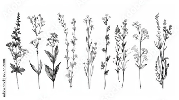 Fototapeta A modern set of ink drawings of wild plants, herbs, and flowers in monochrome, isolated floral elements.