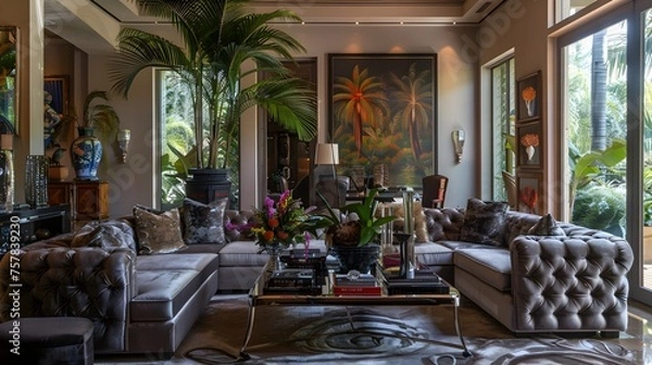 Fototapeta Luxurious Grey Chesterfield Sofa in Tropical Living Room with Large Glass Windows