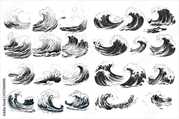 Fototapeta sea wave sketch water splash silhouette vector,  sea wave silhouette bundle, silhouette sea wave clipart,  