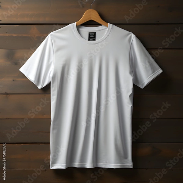 Fototapeta Blank White T-Shirt with Hanger Isolated on Wooden Background. Short Sleeve T-shir