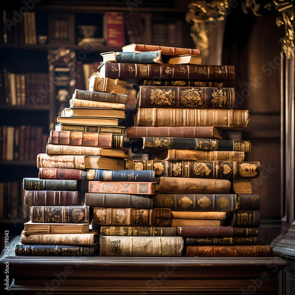 Fototapeta A stack of old books in a library. 