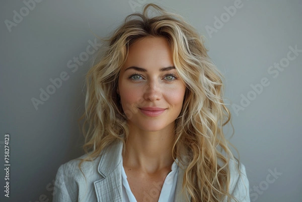 Fototapeta Beautiful woman smiling portrait with blond hair elegant make up style business office